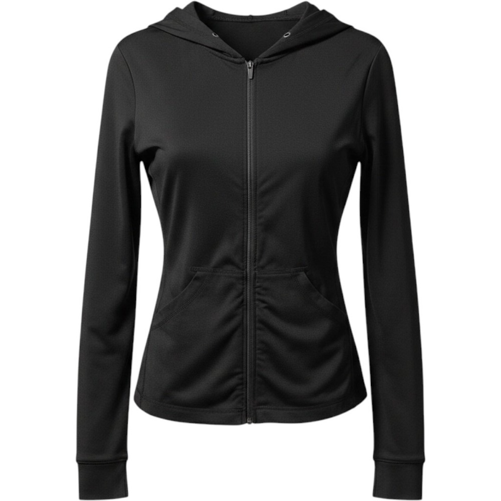 Womens Black Full Zip Fitted Hoodie Thin Scrunched Front Athletic Jacket